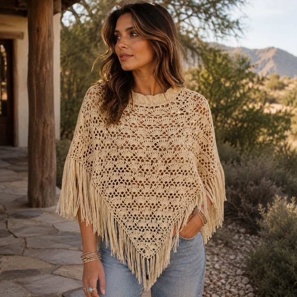 Vinatge Cejon Cape Sweater Womens One Size Black Crochet Fringe Open Knit Poncho